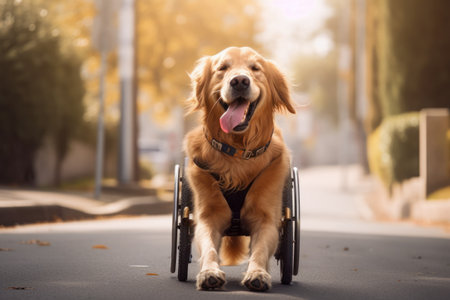 Disabled Dog in Wheelchair Enjoying Sunny Park Day. Joy and freedom. Love and support. Active life.. Generative AIの素材
