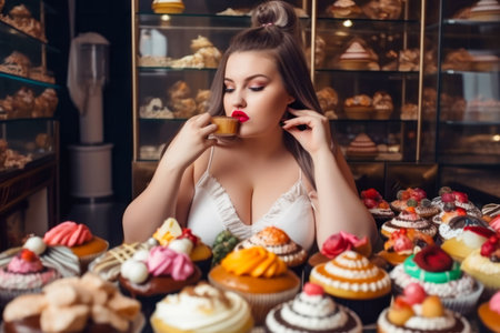 Plump plus size curvy beautiful girl surrounded by sweets in a patisserie cafe. I ate too much and broke my diet. Thinking about having another cakeの素材