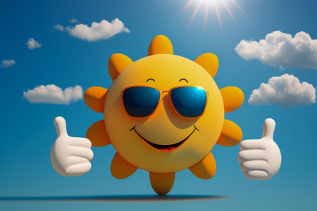 Smiling sun character donning sunglasses and giving thumbs up. Sky, Clouds. Hot Summer Weather, Vacations. Generative AI..の素材