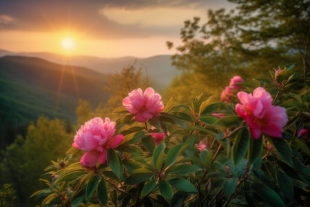 Wild Mountain Peonies at Springtime Sunrise, spring landscape, pink wild mountain peonies, picturesque rising sun, the beauty of nature and tranquility. Generative AIの素材