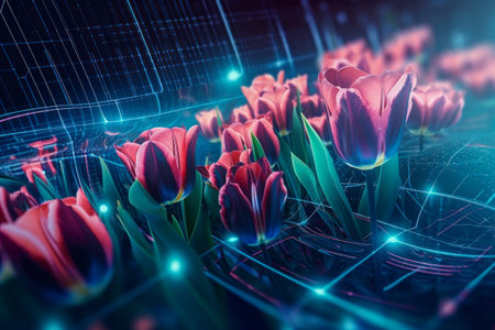 Tulips in Digital Cyberspace Futuristic Background, Vibrant tulips flourishing in a digital cyber space environment, representing a futuristic fusion of nature and technology. Generative AIの素材