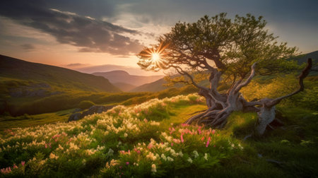 Sunrise in the highlands. Old tree, spring grass in the foreground. Landscape with the sun. Morning in the mountains. Generative AIの素材