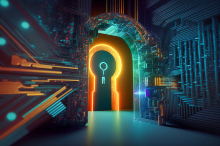 Keyhole in crypto digital cyber space. Security, Technology Concept. Network Tech. Generative AIの素材