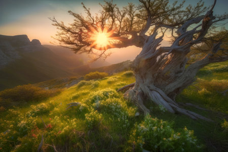 Sunrise in the highlands. Old tree, spring grass in the foreground. Landscape with the sun. Morning in the mountains. Generative AIの素材