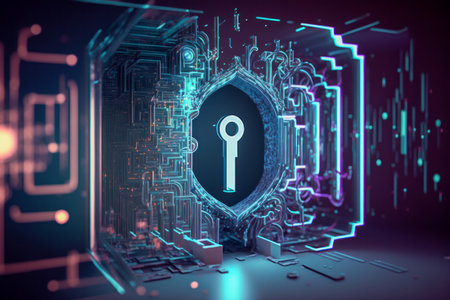 Keyhole in crypto digital cyber space. Security, Technology Concept. Network Tech. Generative AIの素材