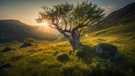 Sunrise in the highlands. Old tree, spring grass in the foreground. Landscape with the sun. Morning in the mountains. Generative AIの素材