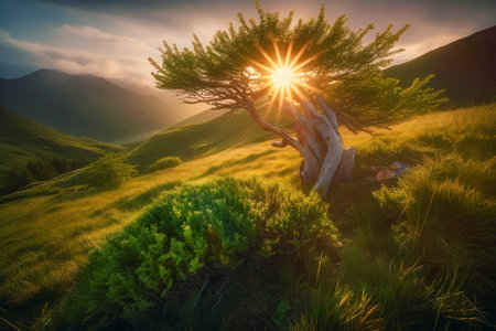 Sunrise in the highlands. Old tree, spring grass in the foreground. Landscape with the sun. Morning in the mountains. Generative AIの素材
