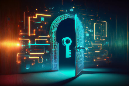 Keyhole in crypto digital cyber space. Security, Technology Concept. Network Tech. Generative AIの素材