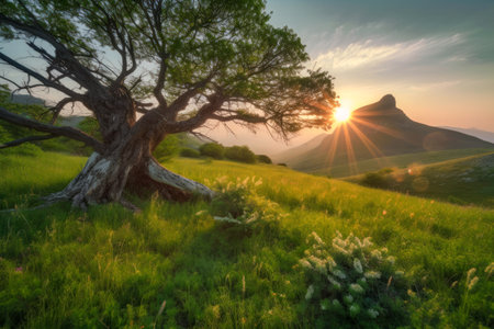 Sunrise in the highlands. Old tree, spring grass in the foreground. Landscape with the sun. Morning in the mountains. Generative AIの素材