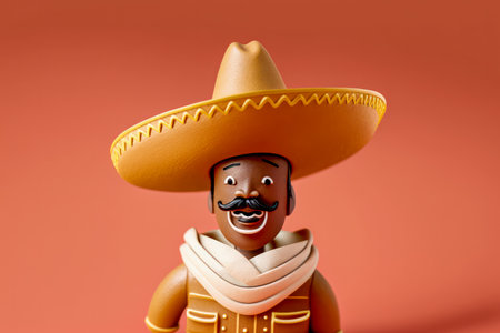 Mexican hispanic man with sombrero, moustache. 3d style toy on solid color background. Generative AIの素材