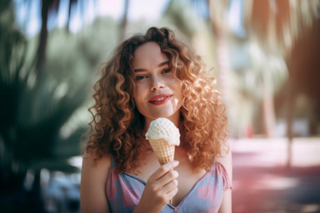 Beautiful Girl with Lush Hair Enjoying Ice Cream on Summer Vacation, Generative AIの素材