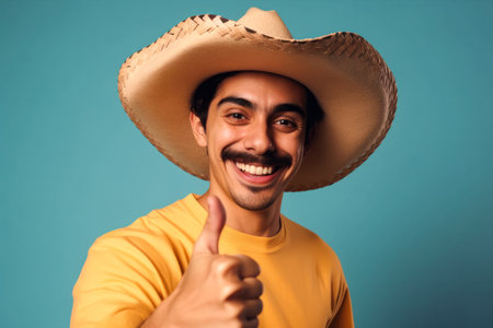Young hispanic moustache man wearing mexican hat, sombrero, smiling, thumbs up. Solid color studio background. Generative AIの素材