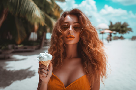 Beautiful Girl with Lush Hair Enjoying Ice Cream on Summer Vacation, Generative AIの素材