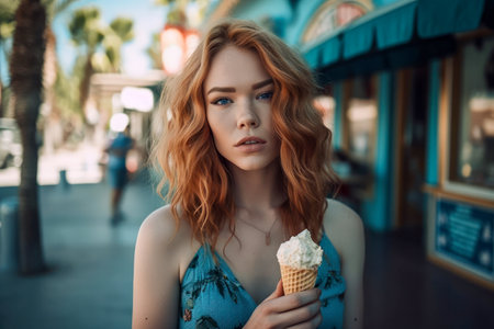 Beautiful Girl with Lush Hair Enjoying Ice Cream. Summer Vacation. Generative AI.の素材