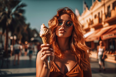 Beautiful Girl with Lush Hair Enjoying Ice Cream. Summer Vacation. Generative AI.の素材