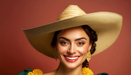 Young Mexican beautiful happy smiling woman in sombrero, Isolated on solid color studio background. Generative AIの素材