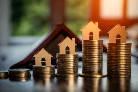 Stacked Coins and House Model, Growth of savings, mortgage management, and investment in finance, banking, and business sectors for a secure financial future. Generative AIの素材