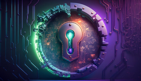 Keyhole in crypto digital cyber space. Lock. Security Technology Concept. Network Tech. Generative AIの素材