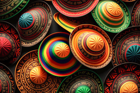 Colorful pattern background with Mexican Sombrero hats, Cinco De Mayo concept. Generative AI..の素材
