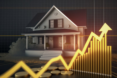 Change in real estate prices concept. House, stacks of coins, growing financial stock graph on the background, Generative AIの素材