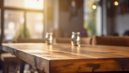 Empty Wooden Cafe Table with Blurred Background for Product Display. Selective Focus. Copy space. Generative AIの素材