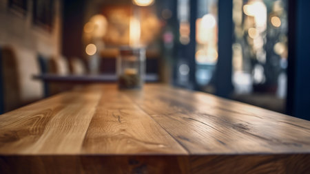 Empty Wooden Cafe Table with Blurred Background for Product Display. Selective Focus. Copy space. Generative AIの素材