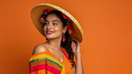Vibrant Mexican Woman in Traditional Carnival Outfit on Solid Color Studio Background, Celebrating Cinco de Mayo. 16:9 Aspect Ratio. Copy Space. Generative AIの素材