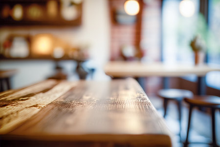 Empty Wooden Cafe Table with Blurred Background for Product Display. Selective Focus. Copy space. Generative AIの素材