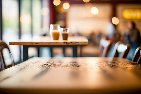 Empty Wooden Cafe Table with Blurred Background for Product Display. Selective Focus. Copy space. Generative AIの素材