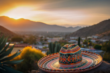Colorful Mexican Sombrero with Picturesque Village and Landscape at Sunset, Cinco de Mayo holiday concept. Generative AIの素材