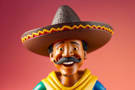 Mexican hispanic man with sombrero and moustache, 3d style toy on solid color background. Generative AIの素材