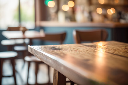 Empty Wooden Cafe Table with Blurred Background for Product Display. Selective Focus. Copy space. Generative AIの素材