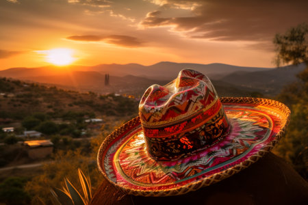 Colorful Mexican Sombrero with Picturesque Village and Landscape at Sunset, Cinco de Mayo holiday concept. Generative AIの素材