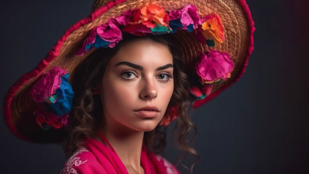 Vibrant Mexican Woman in Traditional Carnival Outfit on Solid Color Studio Background, Celebrating Cinco de Mayo. 16:9 Aspect Ratio. Copy Space. Generative AIの素材