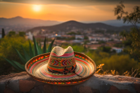 Colorful Mexican Sombrero with Picturesque Village and Landscape at Sunset, Cinco de Mayo holiday concept. Generative AIの素材