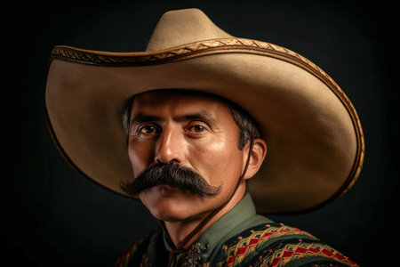 Portrait of a Mexican Soldier in Traditional 19th Century Attire with Mustache and Sombrero on Solid Studio Background, Generative AIの素材