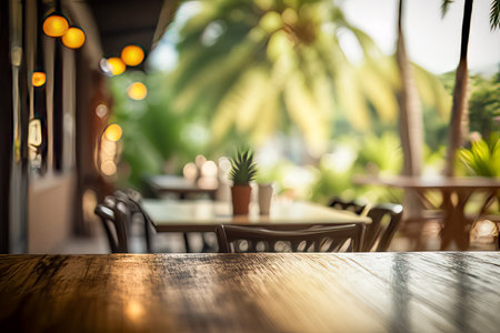 Empty Wooden Cafe Table with Blurred Background for Product Display. Selective Focus. Copy space. Generative AIの素材