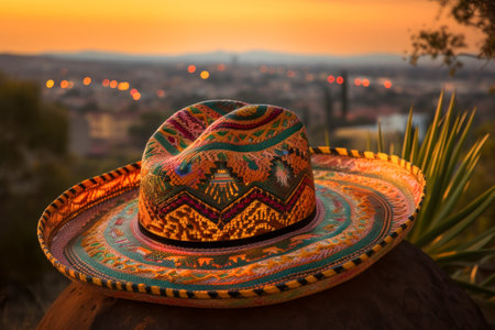 Colorful Mexican Sombrero with Picturesque Village and Landscape at Sunset, Cinco de Mayo holiday concept. Generative AIの素材