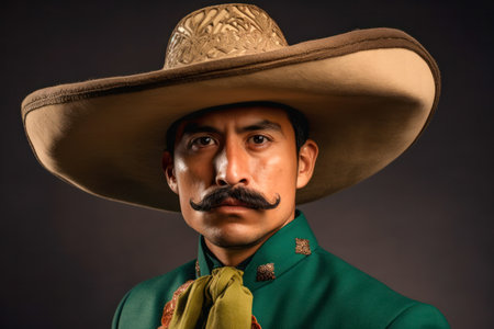 Portrait of a Mexican Soldier in Traditional 19th Century Attire with Mustache and Sombrero on Solid Studio Background, Generative AIの素材