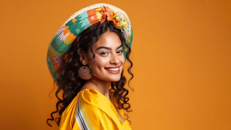Vibrant Mexican Woman in Traditional Carnival Outfit on Solid Color Studio Background, Celebrating Cinco de Mayo. 16:9 Aspect Ratio. Copy Space. Generative AIの素材