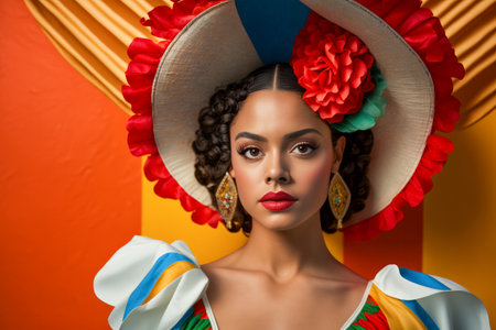 Vibrant Mexican Woman in Traditional Carnival Outfit on Solid Color Studio Background. Celebrating Cinco de Mayo. Generative AIの素材