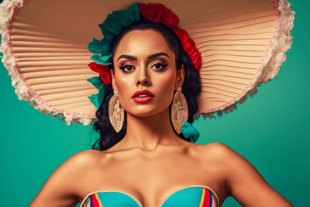Vibrant Mexican Woman in Traditional Carnival Outfit on Solid Color Studio Background. Celebrating Cinco de Mayo. Generative AIの素材