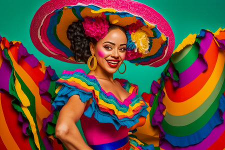 Vibrant Mexican Woman in Traditional Carnival Outfit on Solid Color Studio Background. Celebrating Cinco de Mayo. Generative AIの素材