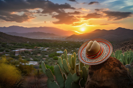 Colorful Mexican Sombrero with Picturesque Village and Landscape at Sunset, Cinco de Mayo holiday concept. Generative AIの素材