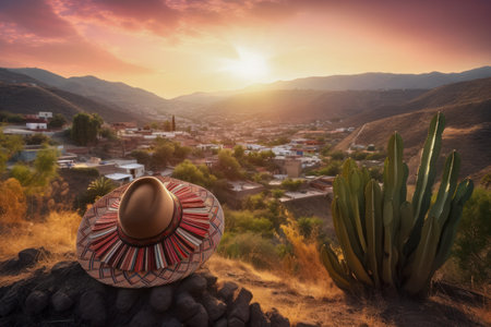 Colorful Mexican Sombrero with Picturesque Village and Landscape at Sunset, Cinco de Mayo holiday concept. Generative AIの素材