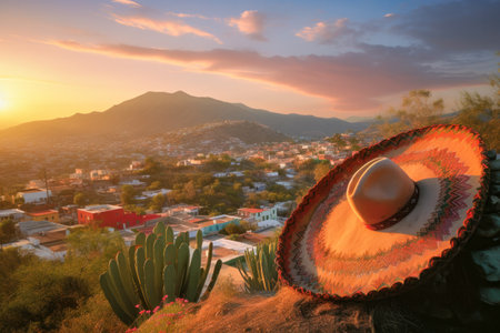 Colorful Mexican Sombrero with Picturesque Village and Landscape at Sunset, Cinco de Mayo holiday concept. Generative AIの素材