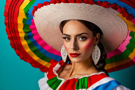 Vibrant Mexican Woman in Traditional Carnival Outfit on Solid Color Studio Background. Celebrating Cinco de Mayo. Generative AIの素材