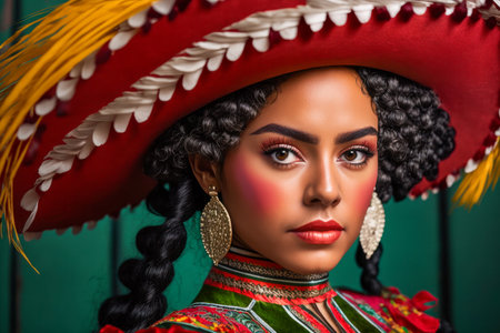 Vibrant Mexican Woman in Traditional Carnival Outfit on Solid Color Studio Background. Celebrating Cinco de Mayo. Generative AIの素材