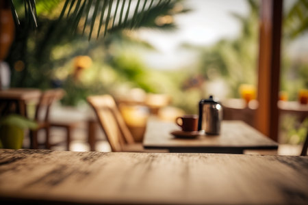 Close-up of Wooden Table at Coffee Shop with Blurred Bokeh Background for Product Display, Presentation. Selective Focus. Copy Space. Generative AIの素材
