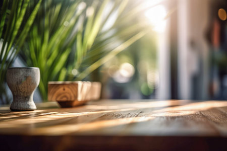 Close-up of Wooden Table at Coffee Shop with Blurred Bokeh Background for Product Display, Presentation. Selective Focus. Copy Space. Generative AIの素材
